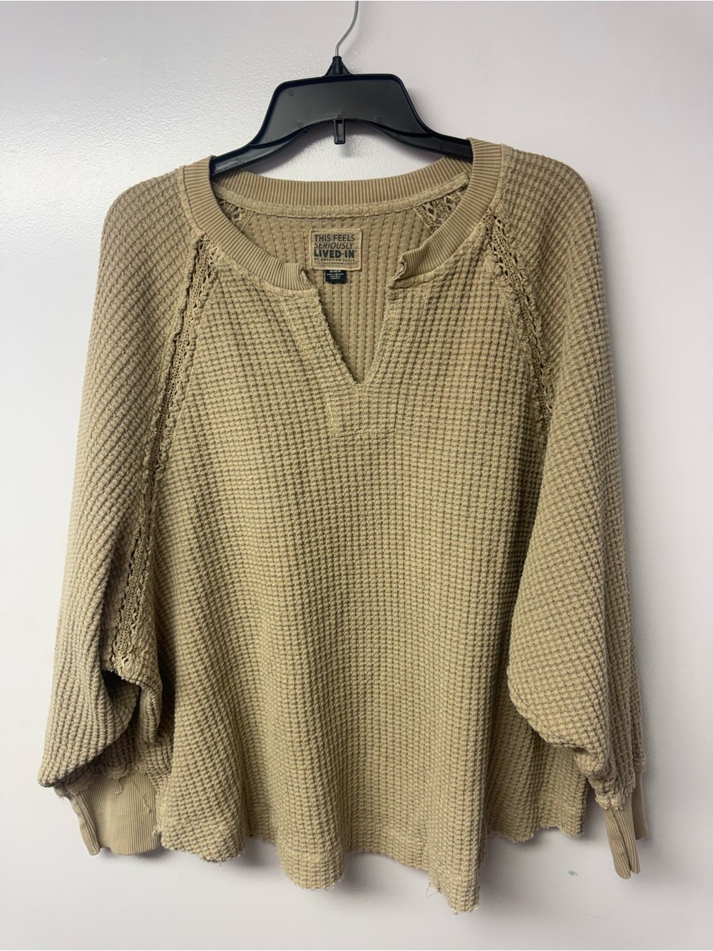 American Eagle Seriously Lived In Waffle Knit Pullover Top Beige Medium Boho C2 - Picture 3 of 12